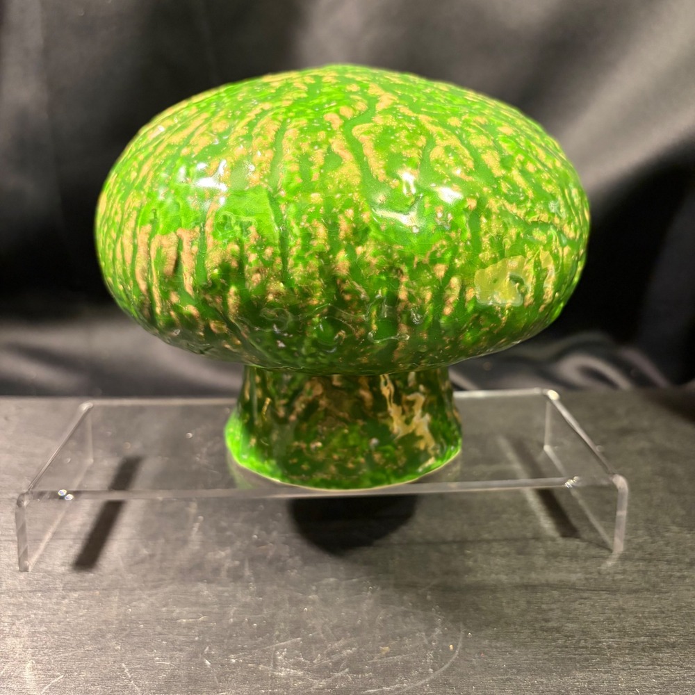 Vintage Green Textured Ceramic Mushroom Figurine Glazed Toadstool Decor